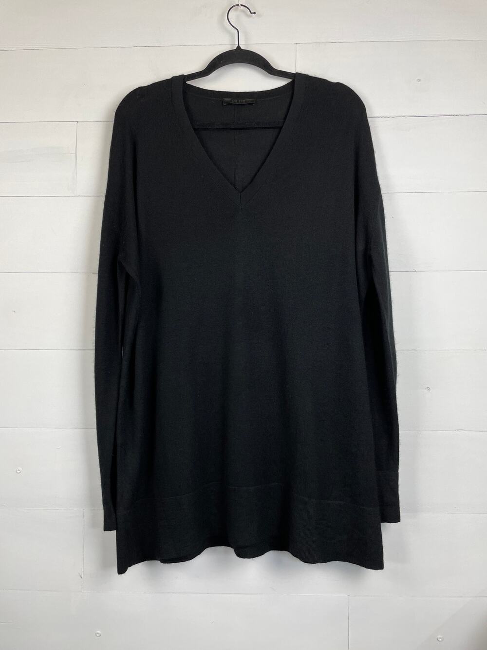 The Row Elaine Black Fine Knit V-Neck Tunic Sweater Dress Raised Back Seam Sz M
